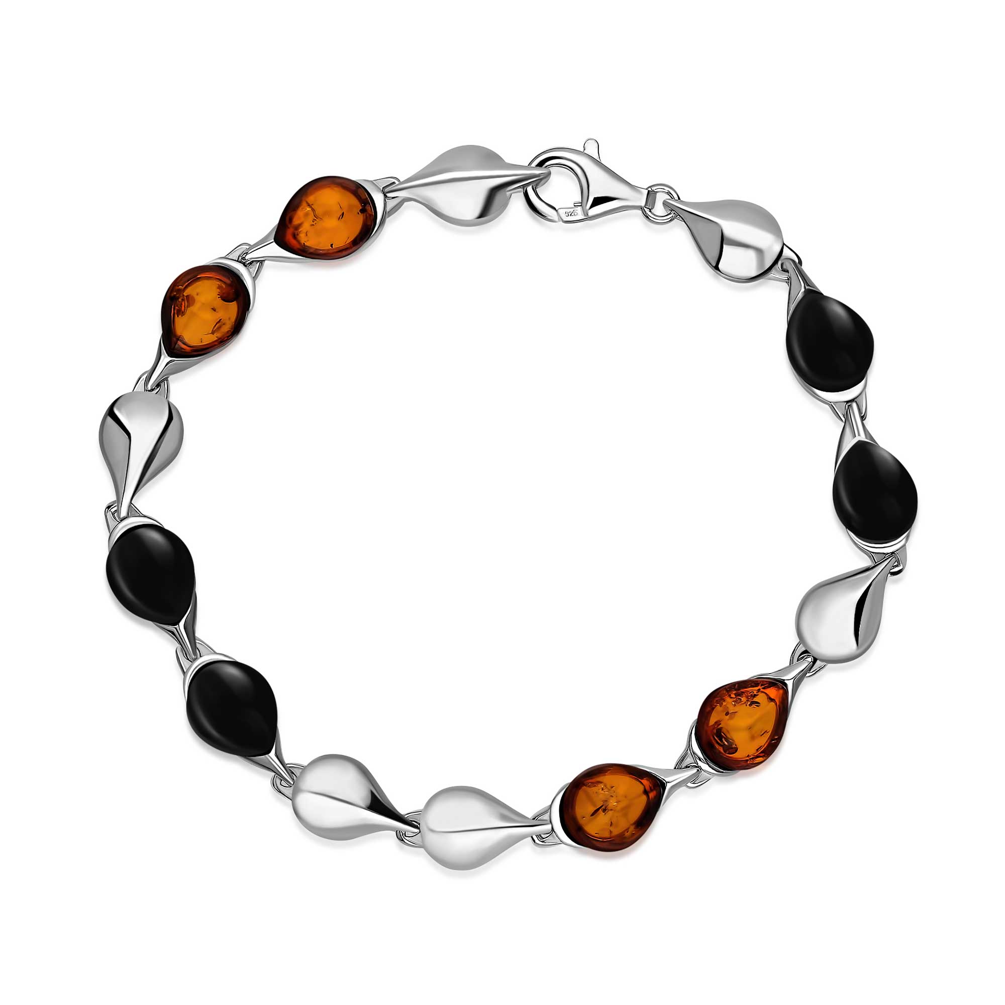 Sterling Silver Whitby Jet & Amber Teardrop Multi Stone Bracelet