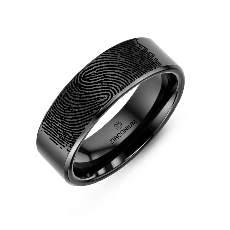 Zirconium Chamfered Edges Flat Court Fingerprint Ring