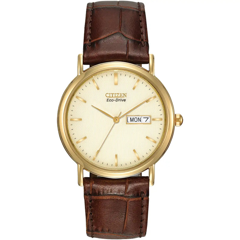 Citizen Eco-Drive Men’s Gold Tone Champagne Dial Leather Strap Watch BM8242-08P