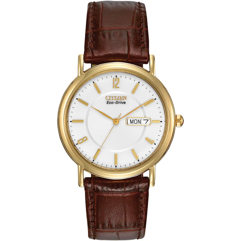 Citizen Eco-Drive Men’s Gold Tone White Dial Leather Strap Watch BM8242-08A