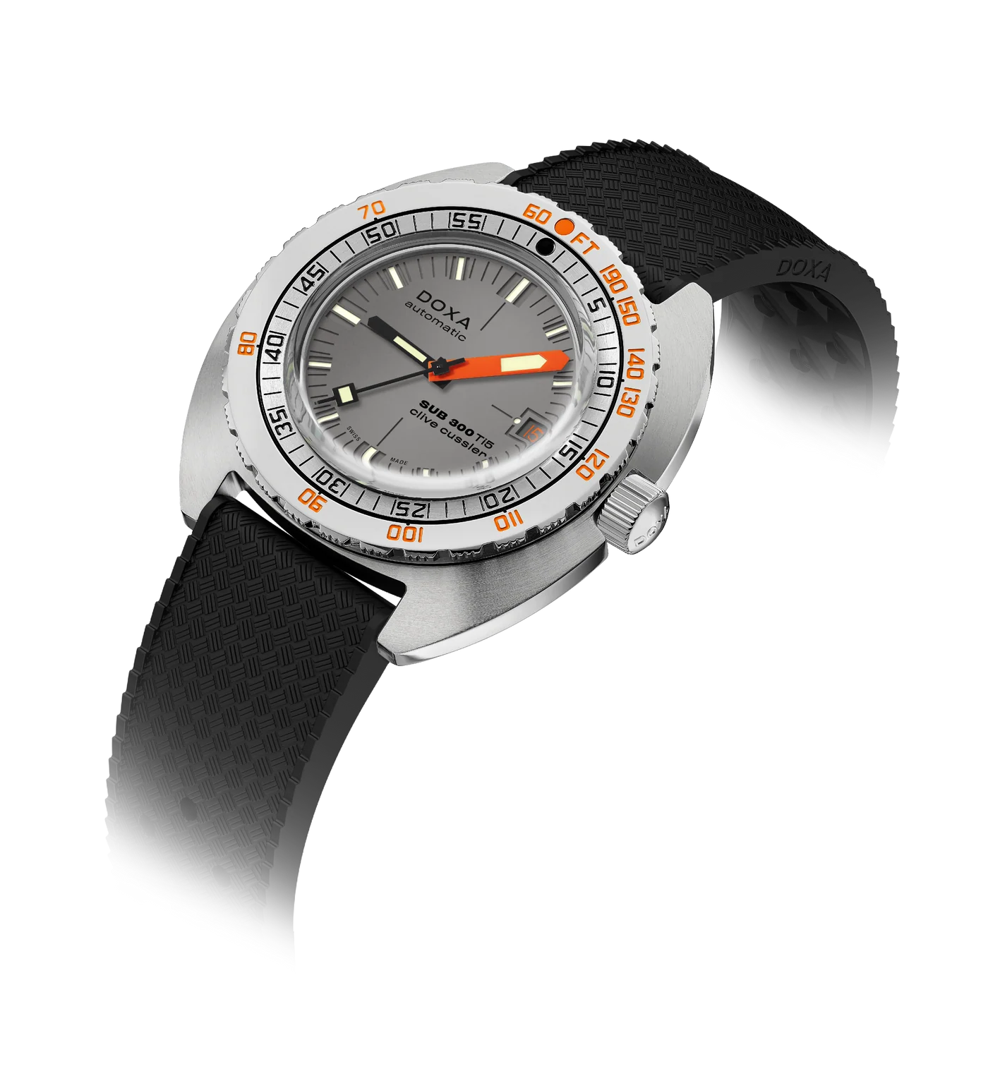 Angled view of the DOXA SUB 300 Ti5 Clive Cussler watch with grey dial, orange minute hand and textured black rubber strap.