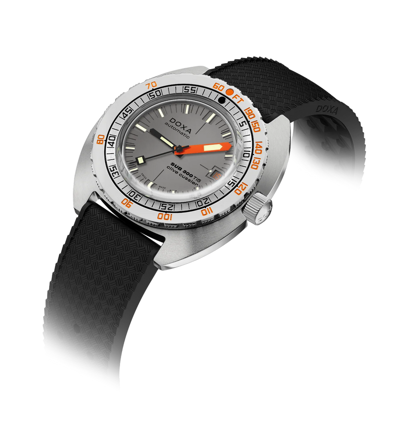 Angled view of the DOXA SUB 300 Ti5 Clive Cussler watch with grey dial, orange minute hand and textured black rubber strap.