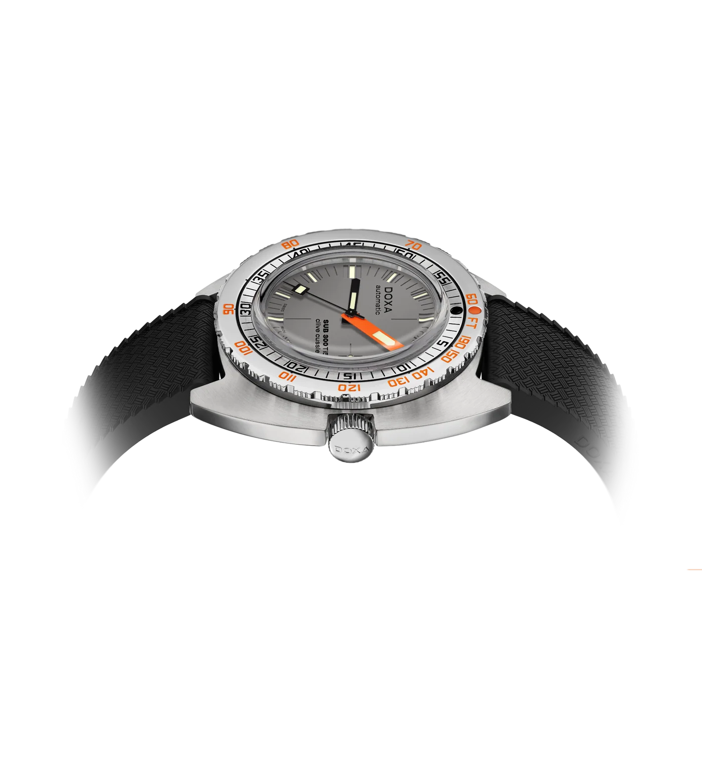 Low side view of the DOXA SUB 300 Ti5 Clive Cussler watch, highlighting the case profile, bezel, crown and black rubber strap.