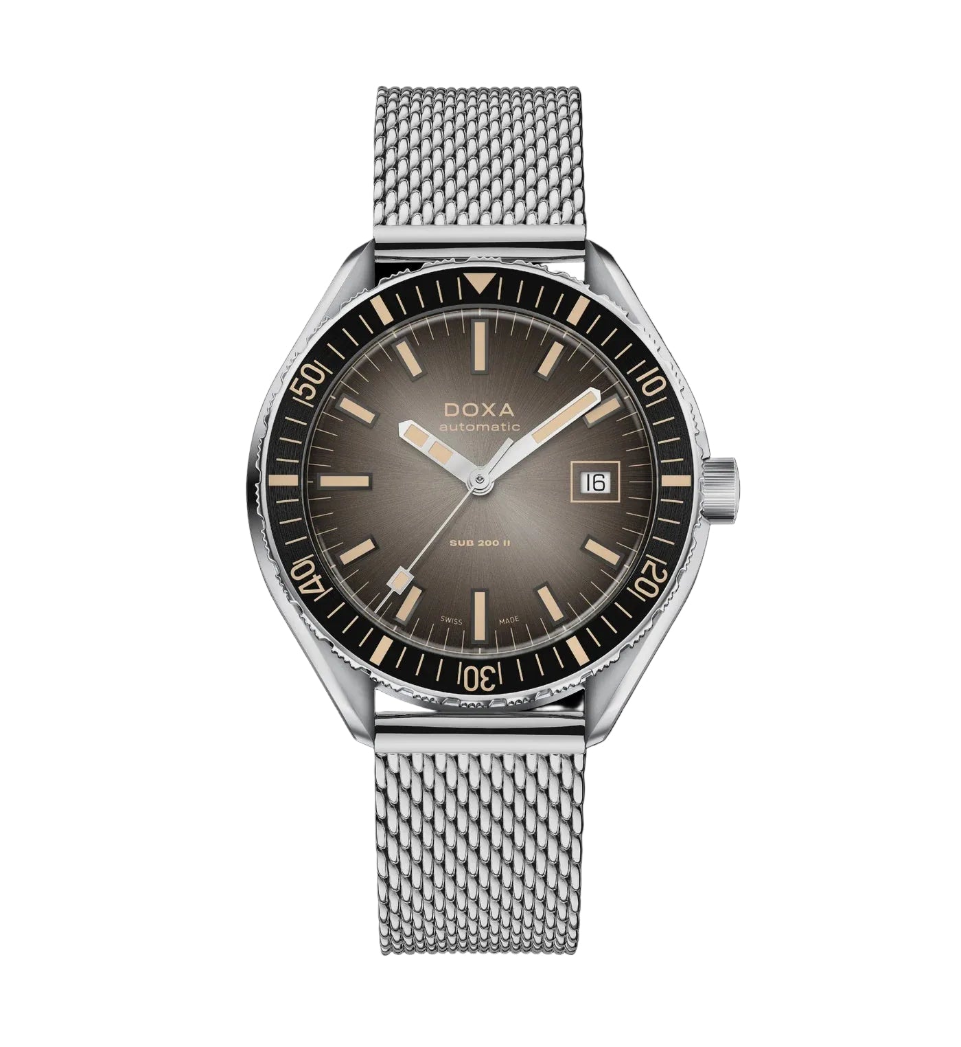 A Doxa Automatic watch with a silver stainless steel mesh bracelet, a silver case, and a brown dial with gold-toned indices and hands, shown against a solid black background.