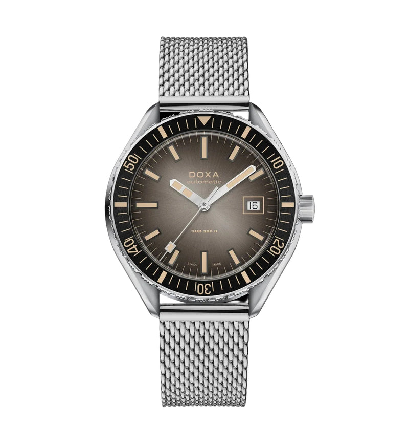 A Doxa Automatic watch with a silver stainless steel mesh bracelet, a silver case, and a brown dial with gold-toned indices and hands, shown against a solid black background.