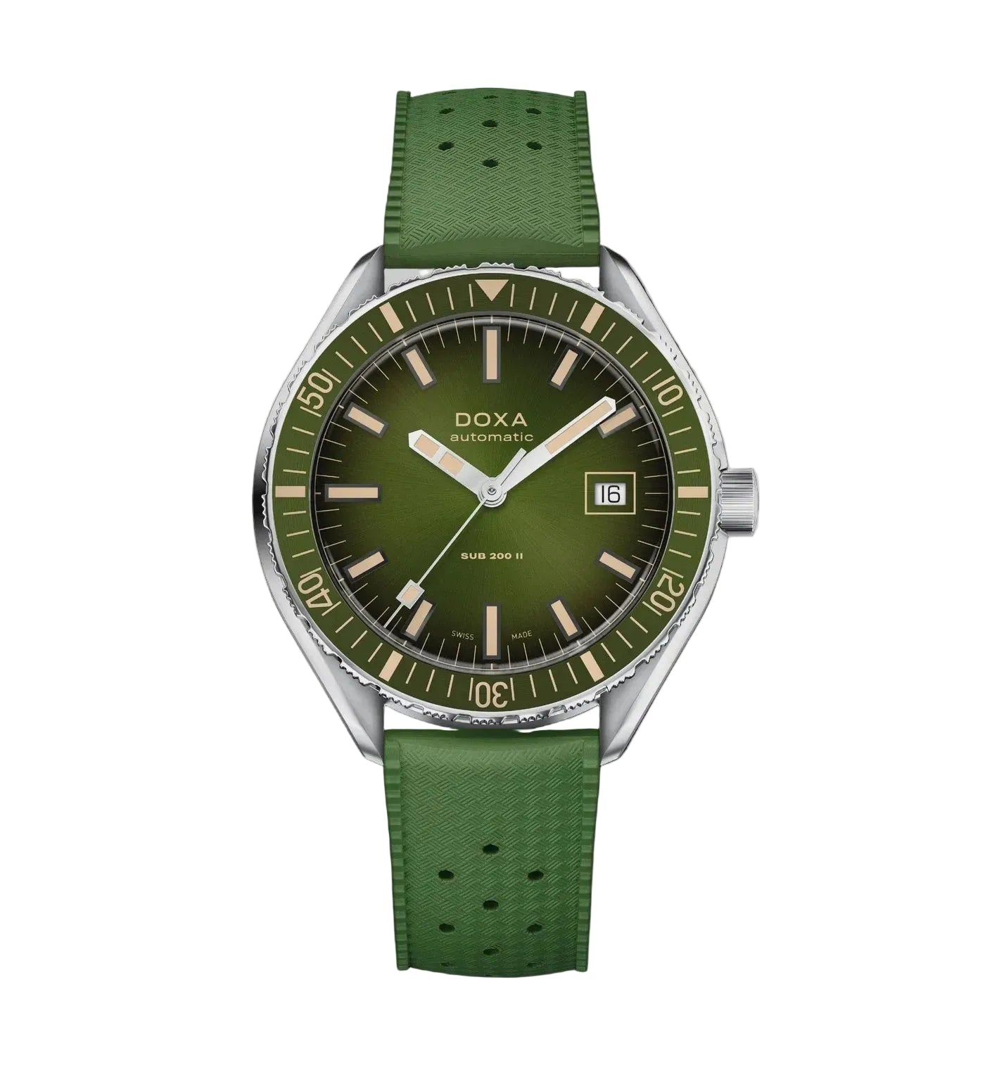 A Doxa Automatic II wristwatch with a green dial and green textured strap, set against a solid black background.