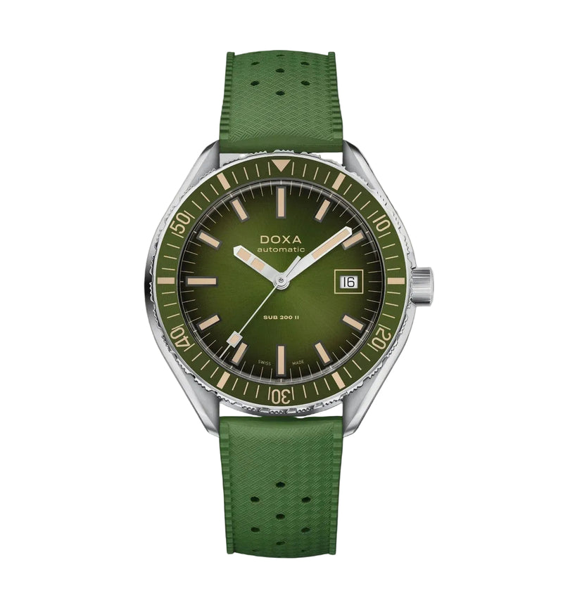 A Doxa Automatic II wristwatch with a green dial and green textured strap, set against a solid black background.