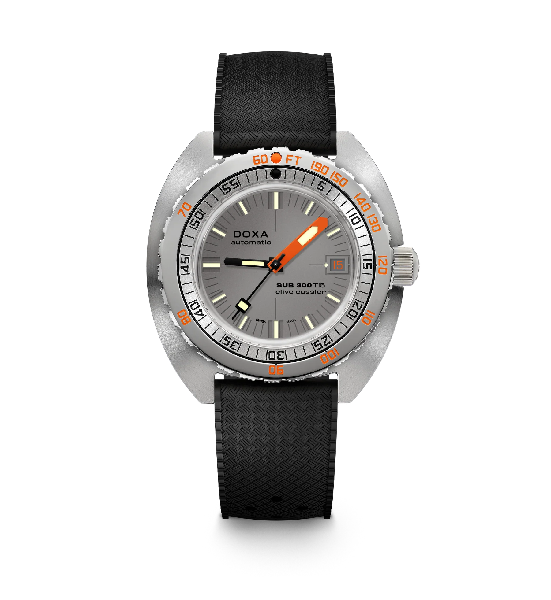 DOXA SUB 300 Ti5 Clive Cussler automatic dive watch with grey dial, orange minute hand, silver bezel and black rubber strap.