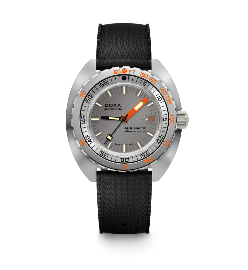 DOXA SUB 300 Ti5 Clive Cussler automatic dive watch with grey dial, orange minute hand, silver bezel and black rubber strap.