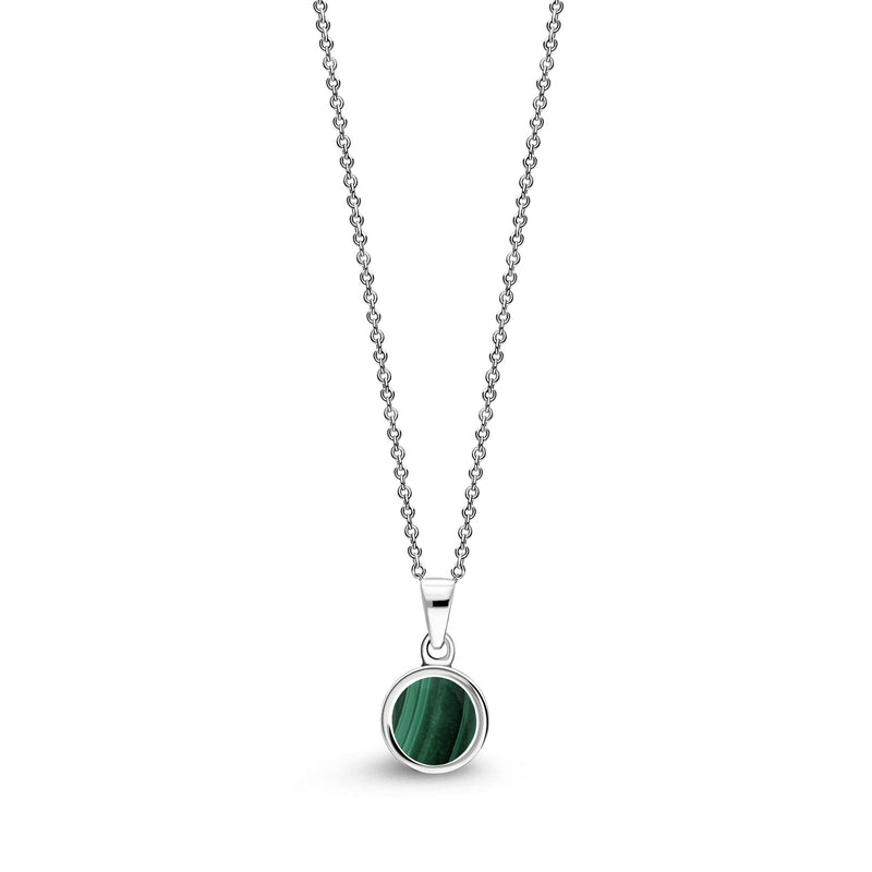 Sterling Silver Whitby Jet & Malachite Double-Sided Plain Round Pendant