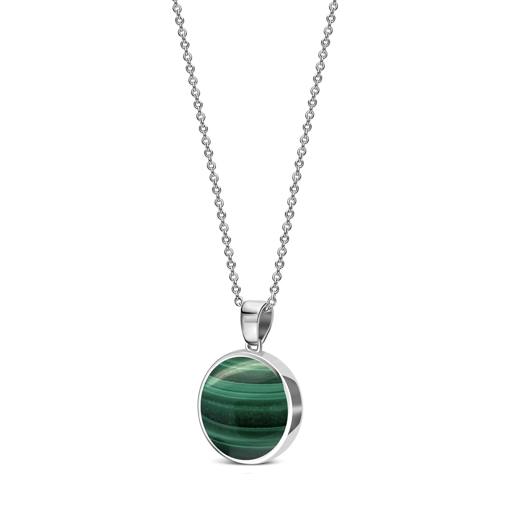 Sterling Silver Whitby Jet & Malachite Round Double Sided Pendant