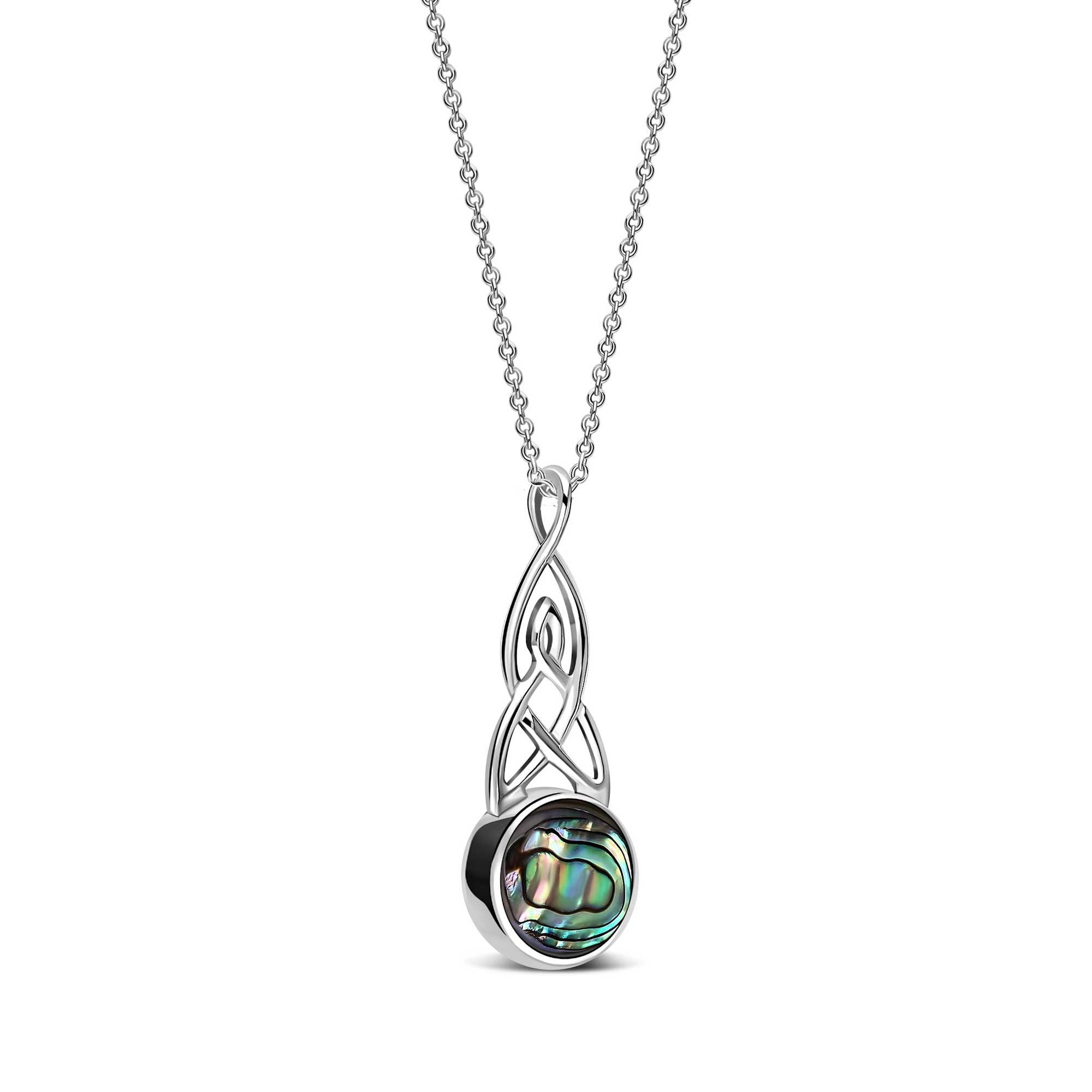 Sterling Silver Whitby Jet & Abalone Long Celtic Round Double Sided Pendant