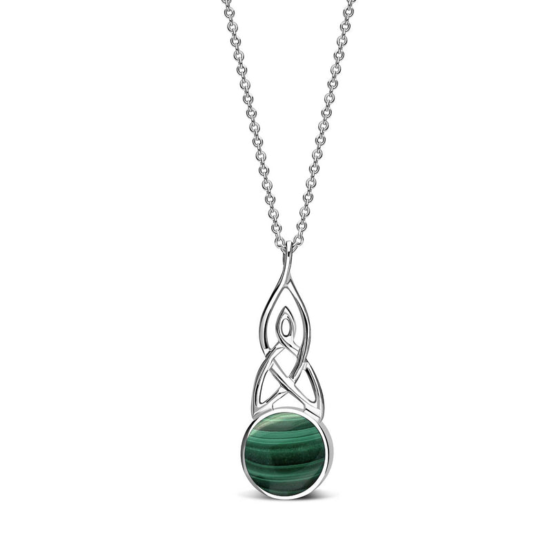Sterling Silver Whitby Jet & Malachite Long Celtic Round Double Sided Pendant