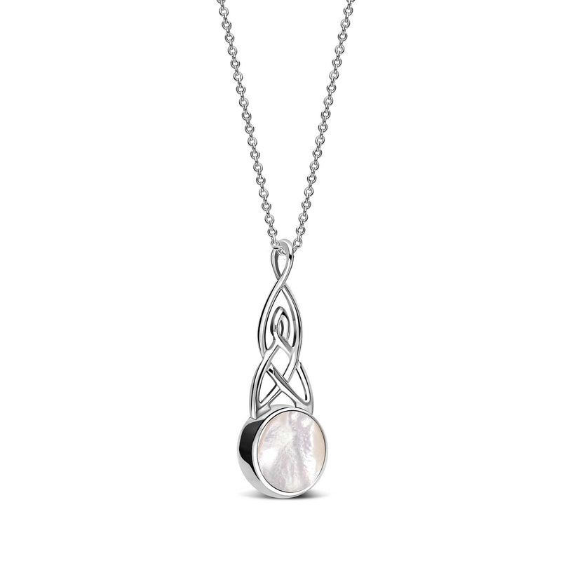 Sterling Silver Whitby Jet & Mother of Pearl Long Celtic Round Double Sided Pendant