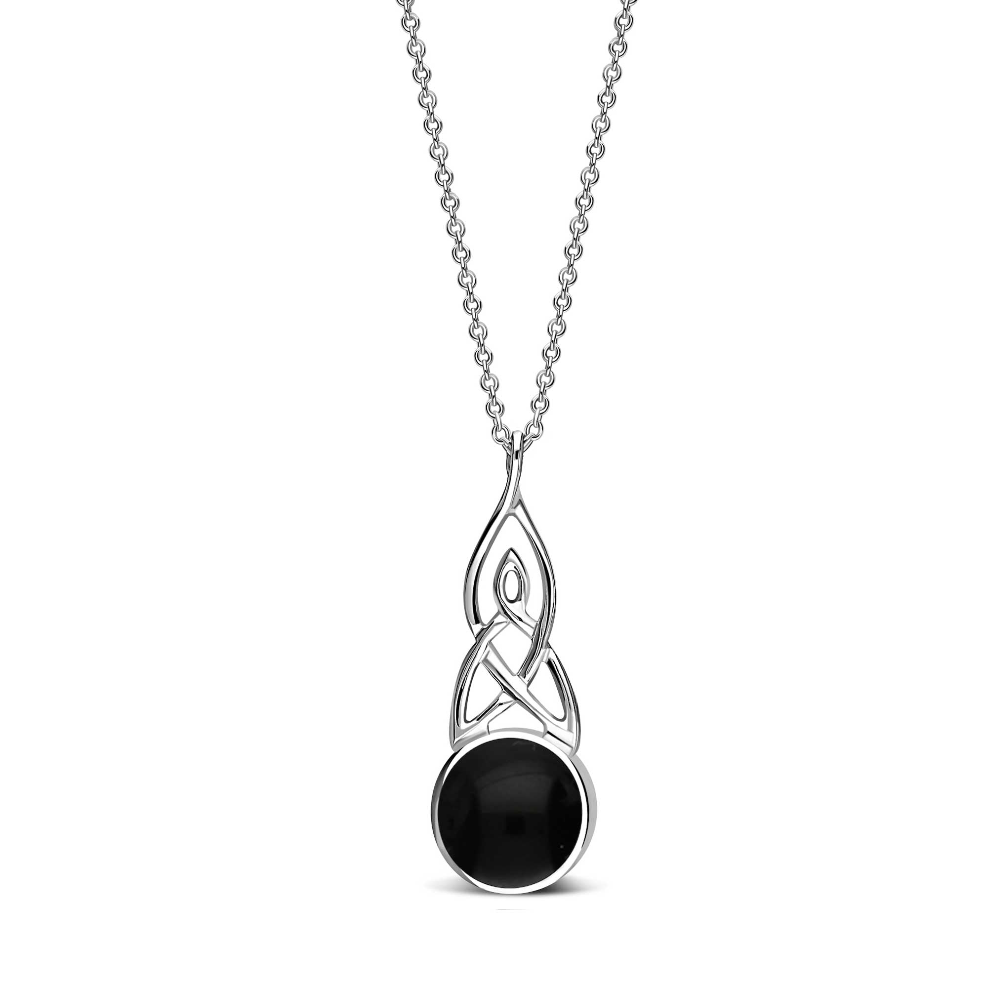 Sterling Silver Whitby Jet & Mother of Pearl Long Celtic Round Double Sided Pendant