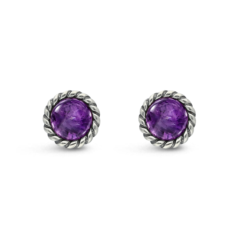 Sterling Silver Amethyst Rope edge Round Stud Earrings