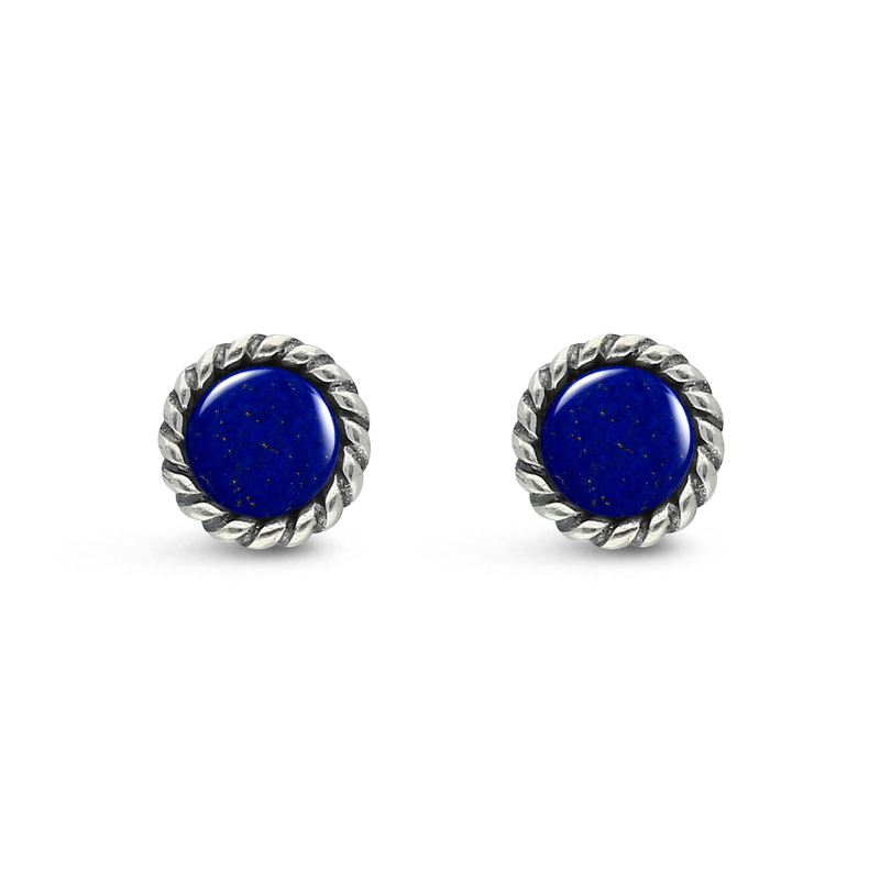 Sterling Silver Lapis Lazuli Rope Edge Round Stud Earrings