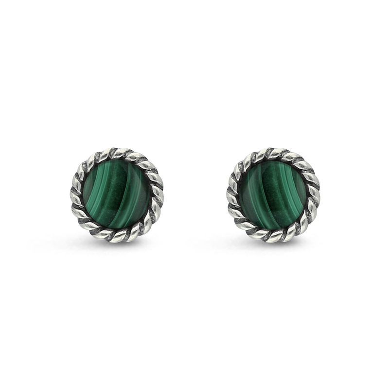 Sterling Silver Malachite Rope Edge Round Stud Earrings