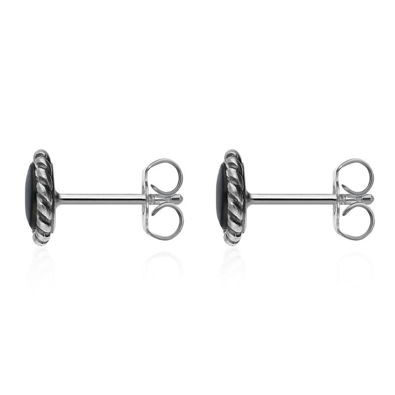 Sterling Silver Whitby Jet Rope Edge Round Stud Earrings