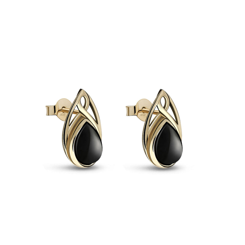 9ct Yellow gold Whitby Jet Celtic Teardrop Stud Earrings