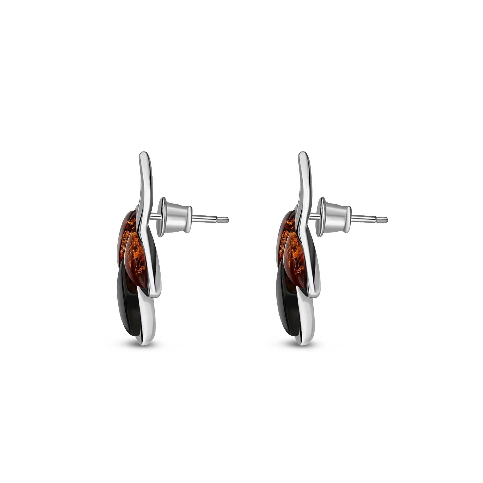 Sterling Silver Whitby Jet & Amber Three Leaf Stud Earrings