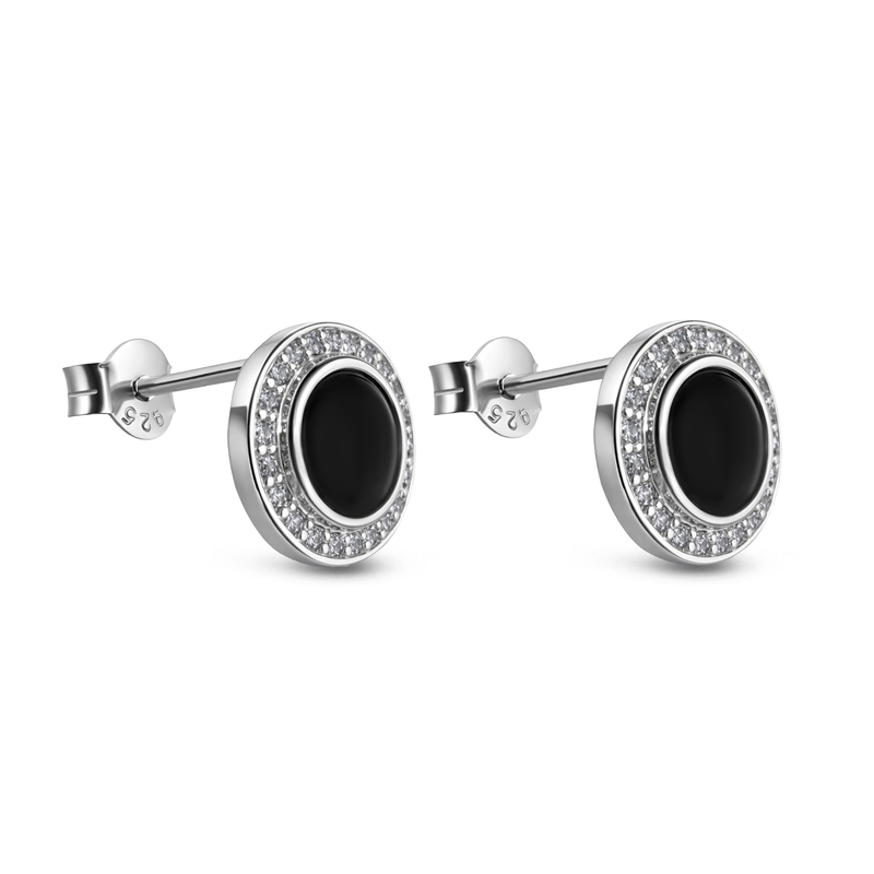 Sterling Silver Whitby Jet CZ Large Round Stud Earrings