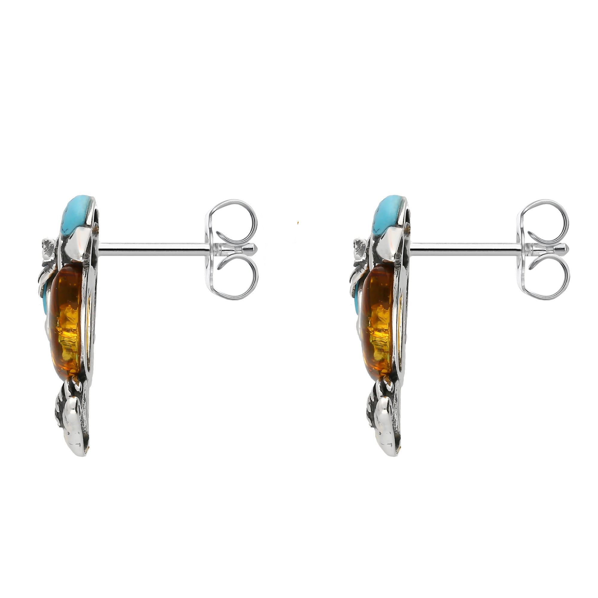 Sterling Silver Amber & Turquoise Large Kingfisher Stud Earrings