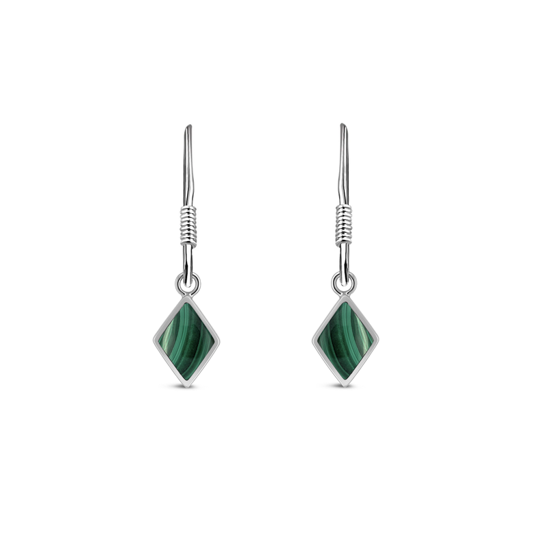 Sterling Silver Malachite Diamond Shape Drop Earrings