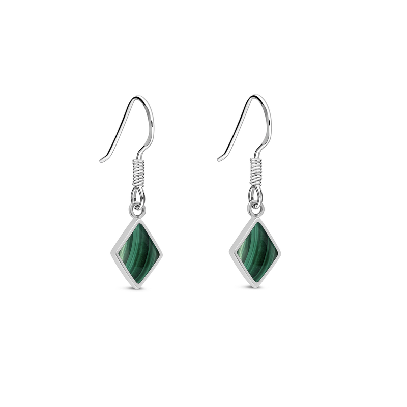 Sterling Silver Malachite Diamond Shape Drop Earrings