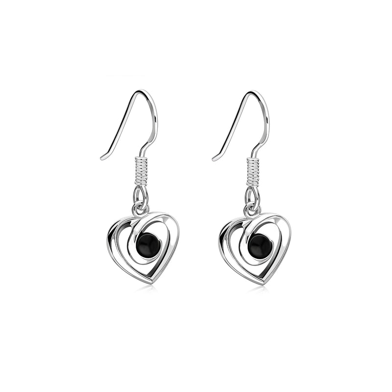 Sterling Silver Whitby Jet Elegant Heart Drop Earrings