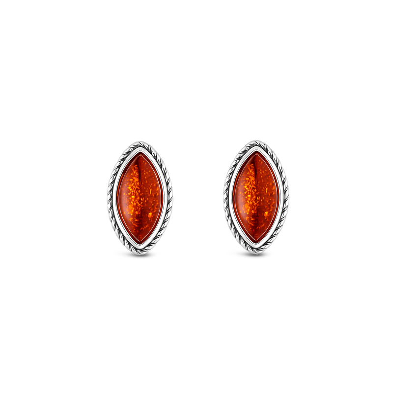 Sterling Silver Amber Rope Edge Marquise Stud Earrings