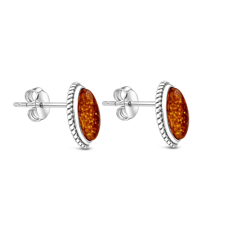 Sterling Silver Amber Rope Edge Marquise Stud Earrings
