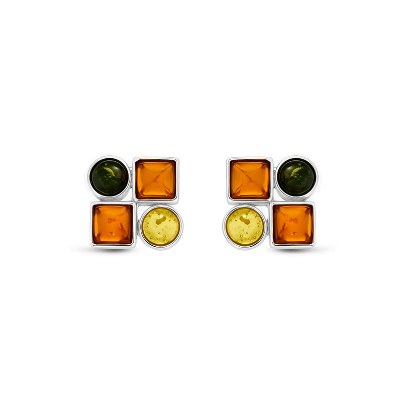Sterling Silver Mixed Amber Square & Round Bubble Stud Earrings