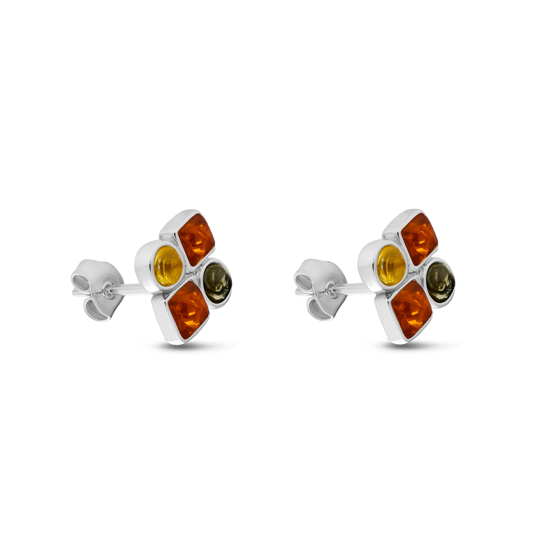 Sterling Silver Mixed Amber Square & Round Bubble Stud Earrings