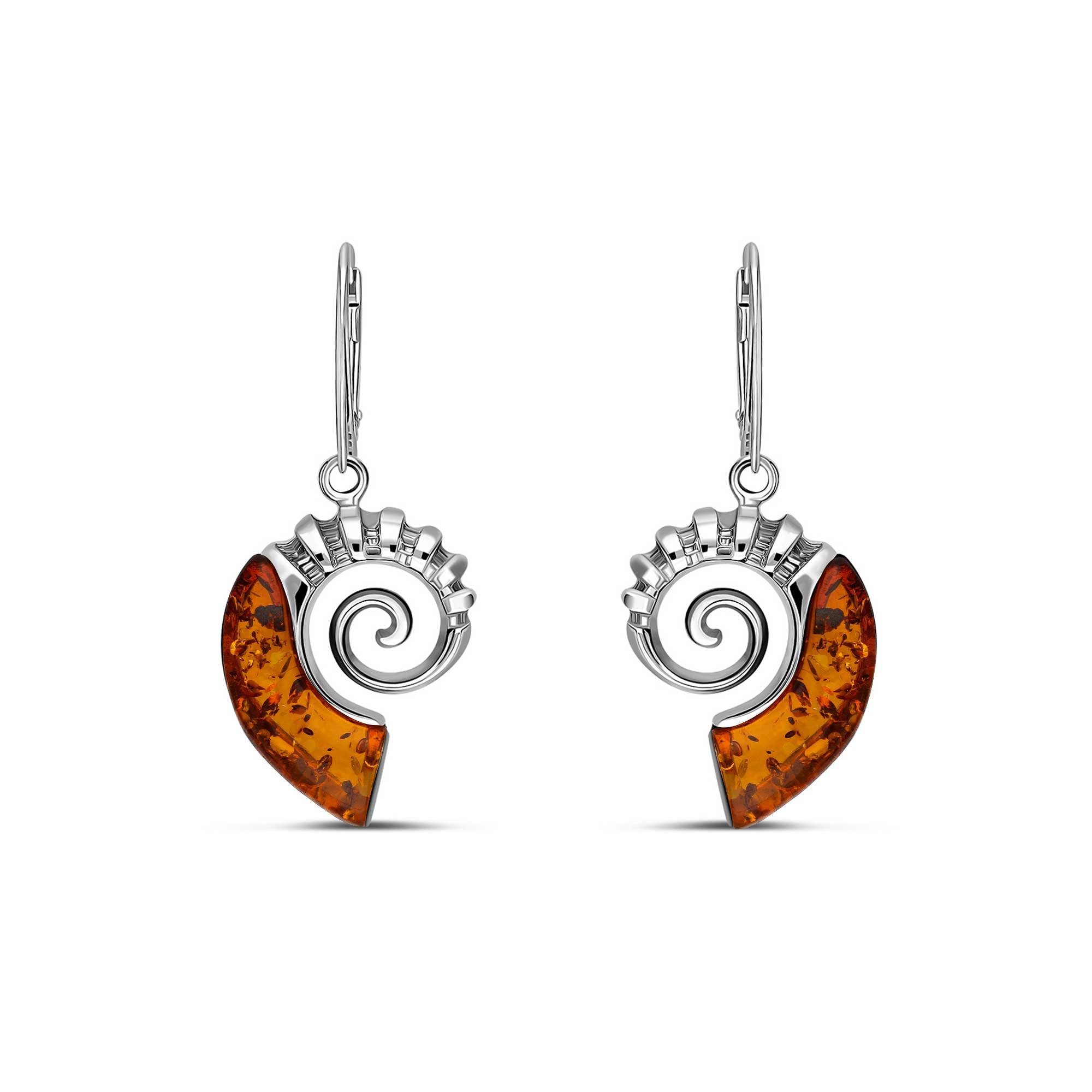 Sterling Silver Amber Ammonite Drop Earrings