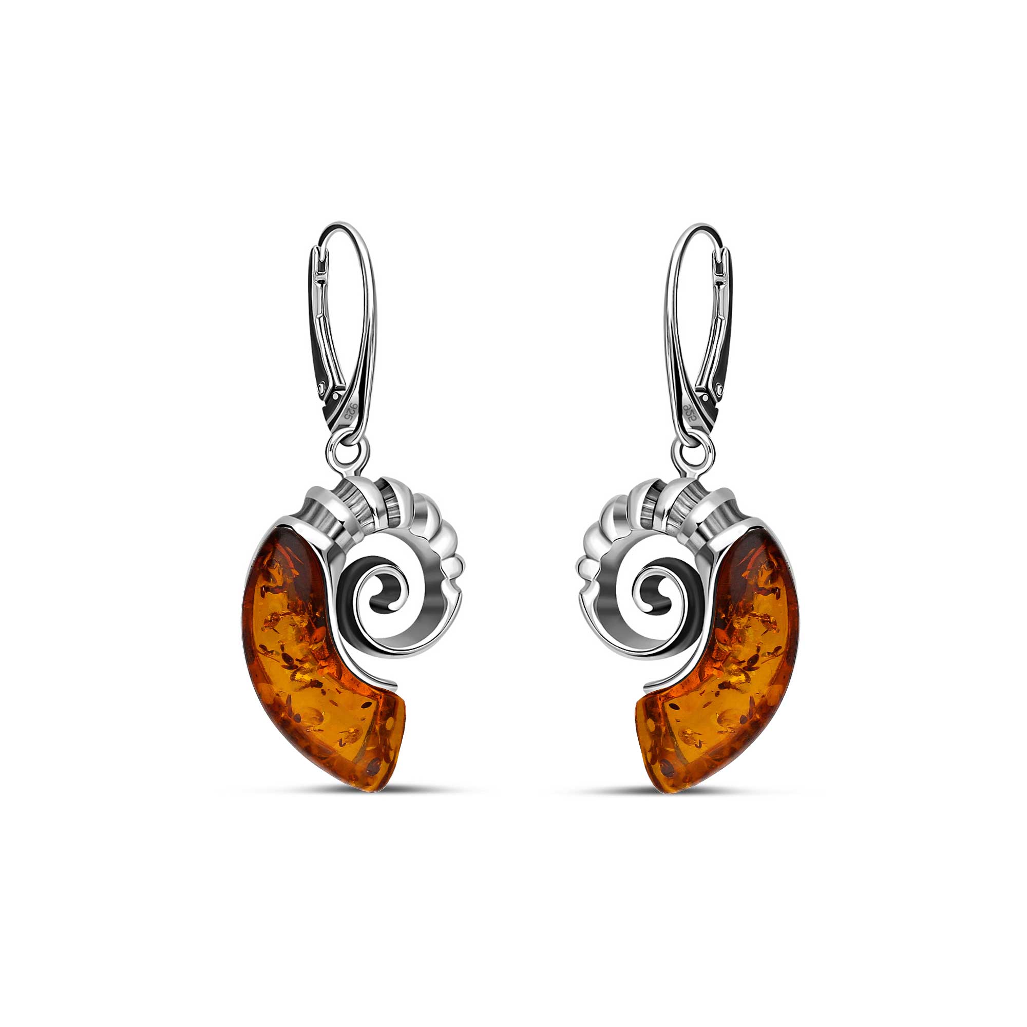 Sterling Silver Amber Ammonite Drop Earrings