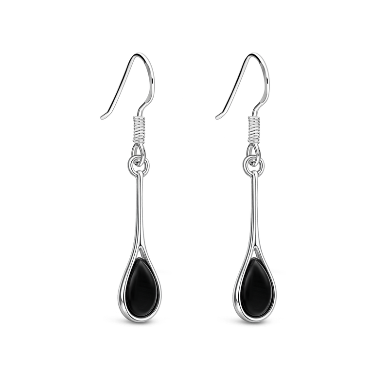 Sterling Silver Whitby Jet Long Drop Earrings