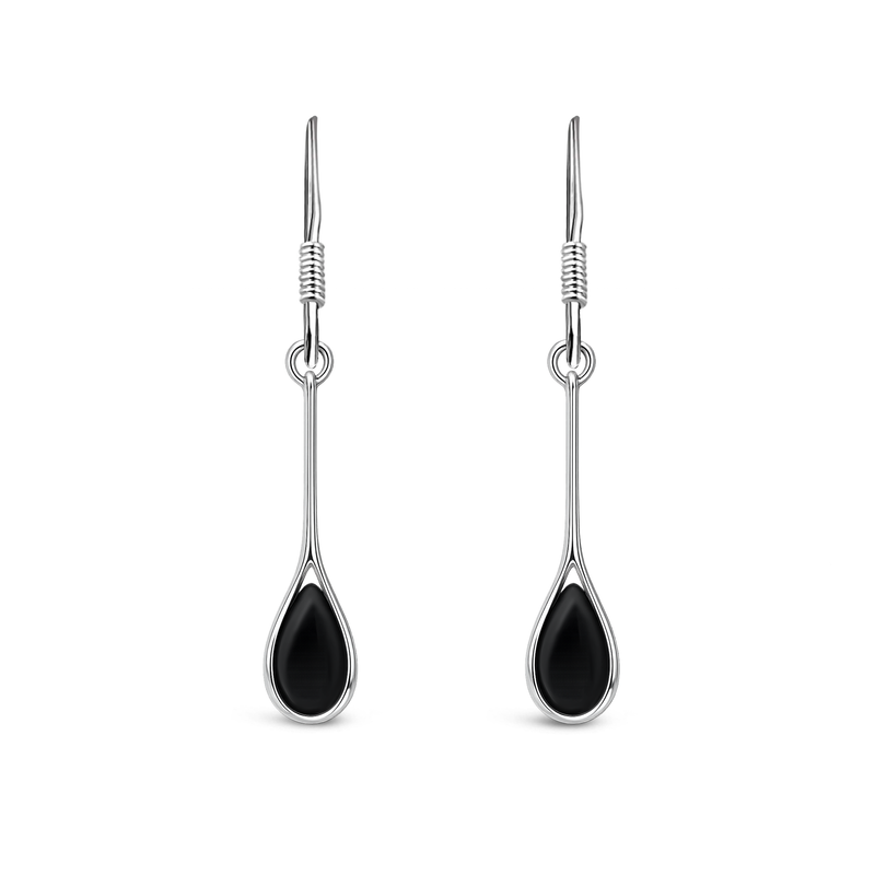 Sterling Silver Whitby Jet Long Drop Earrings