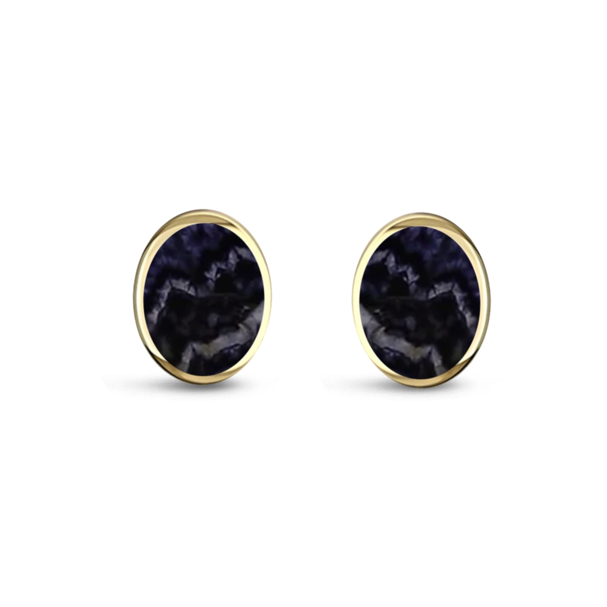 Pair of 9ct gold earrings set with Blue John gemstones on a white background