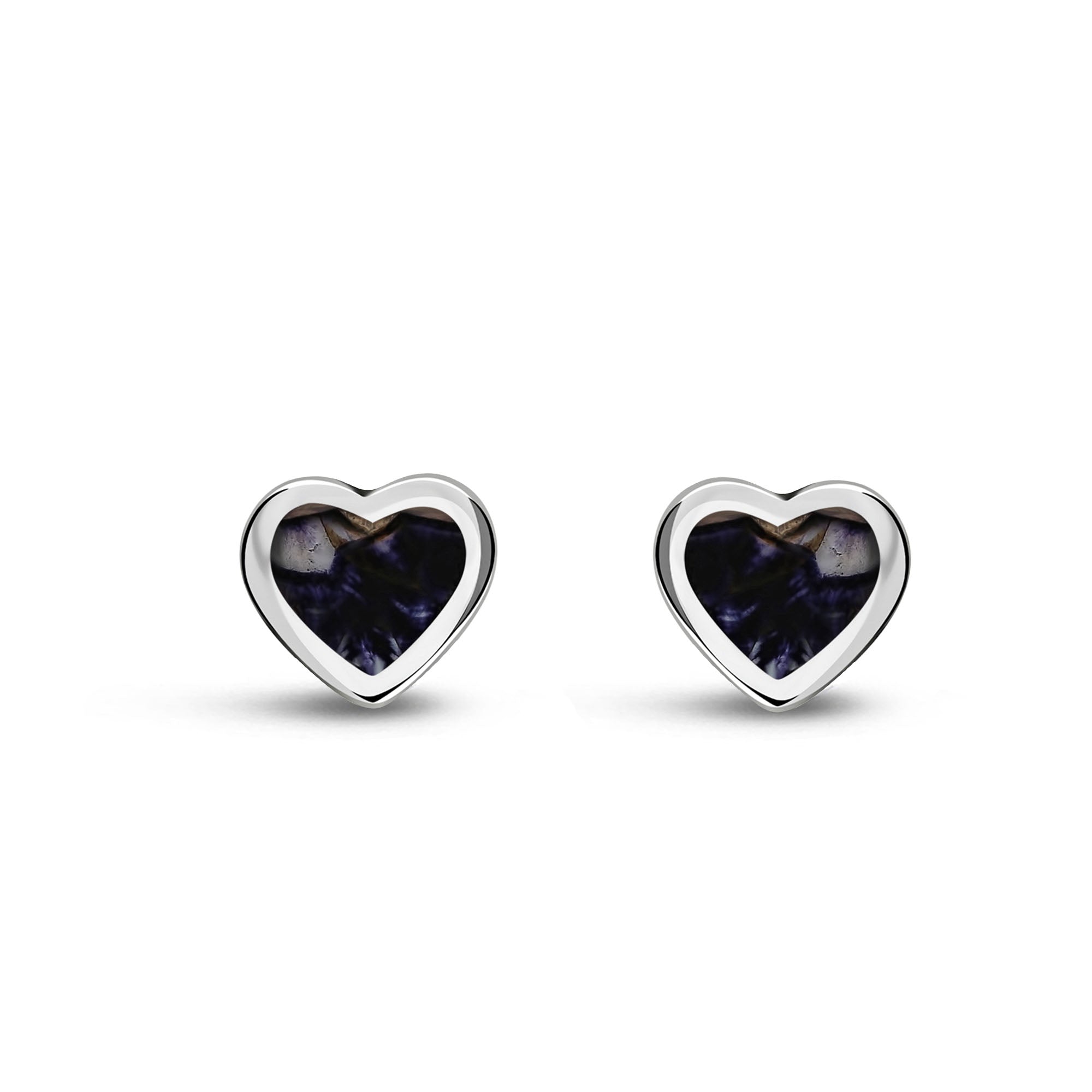 A pair of sterling silver heart-shaped stud earrings with blue John gemstones at their center, presented against a white background.