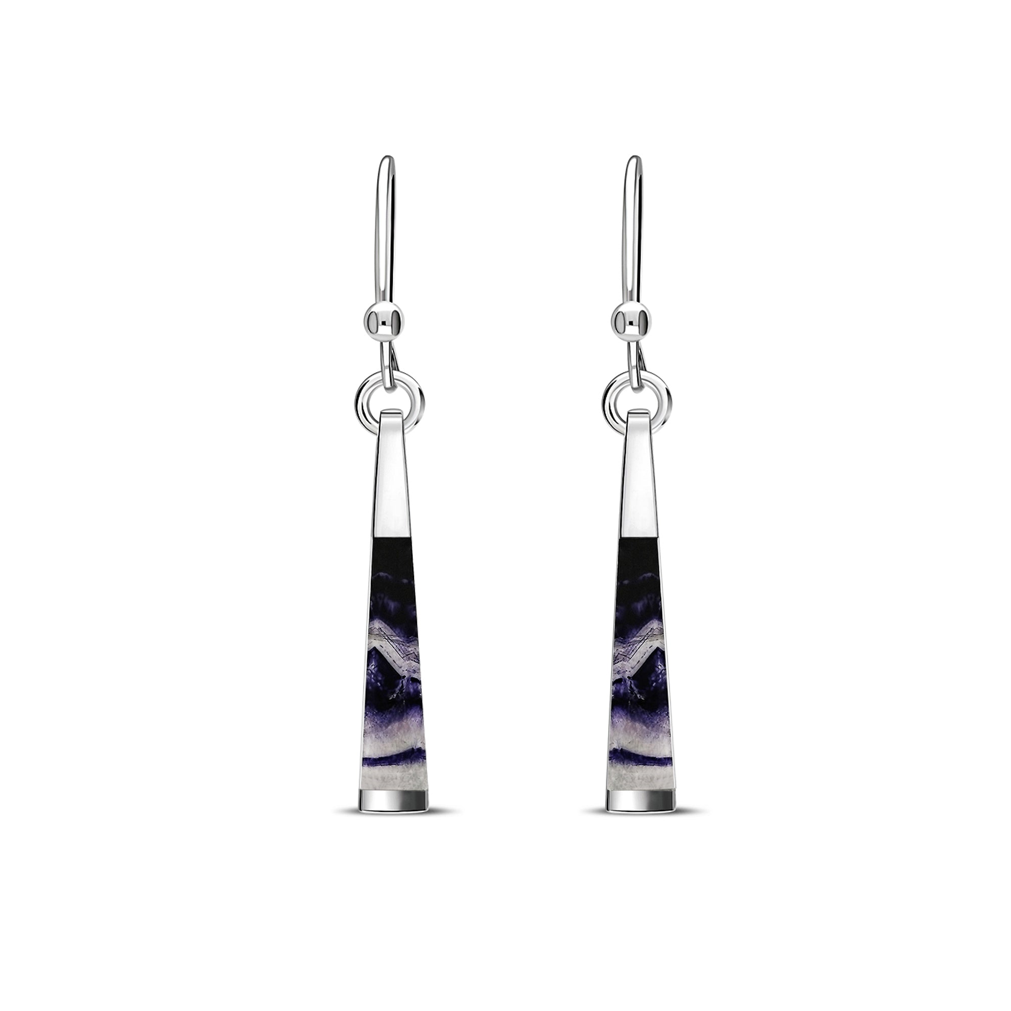 A pair of sterling silver drop earrings with blue john gemstone, featuring a long tapered design .