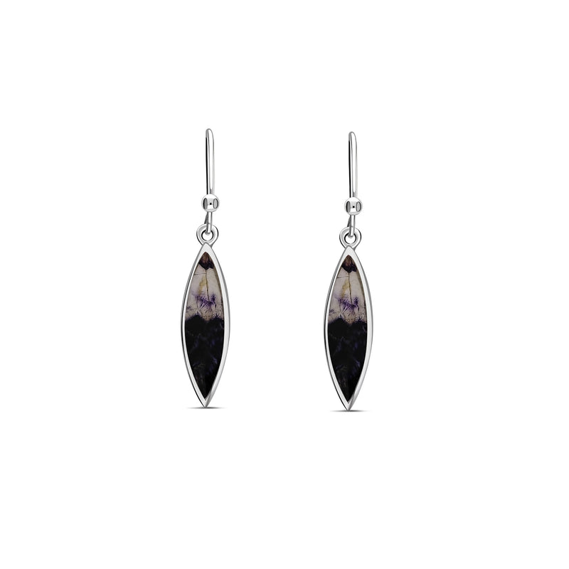 A pair of sterling silver drop earrings each set with Marquise shaped blue john gemstone.