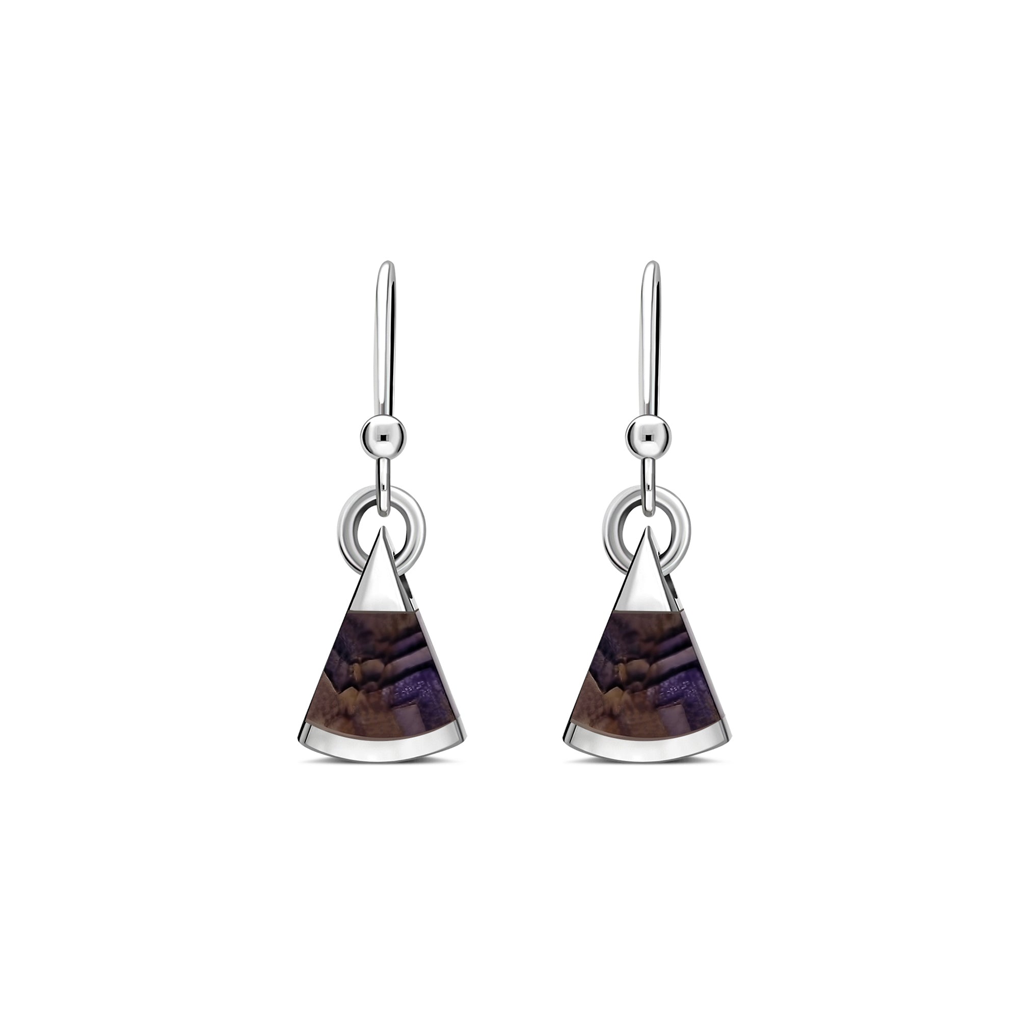 A pair of Sterling Silver drop earrings featuring segmented designs with Blue John gemstones.