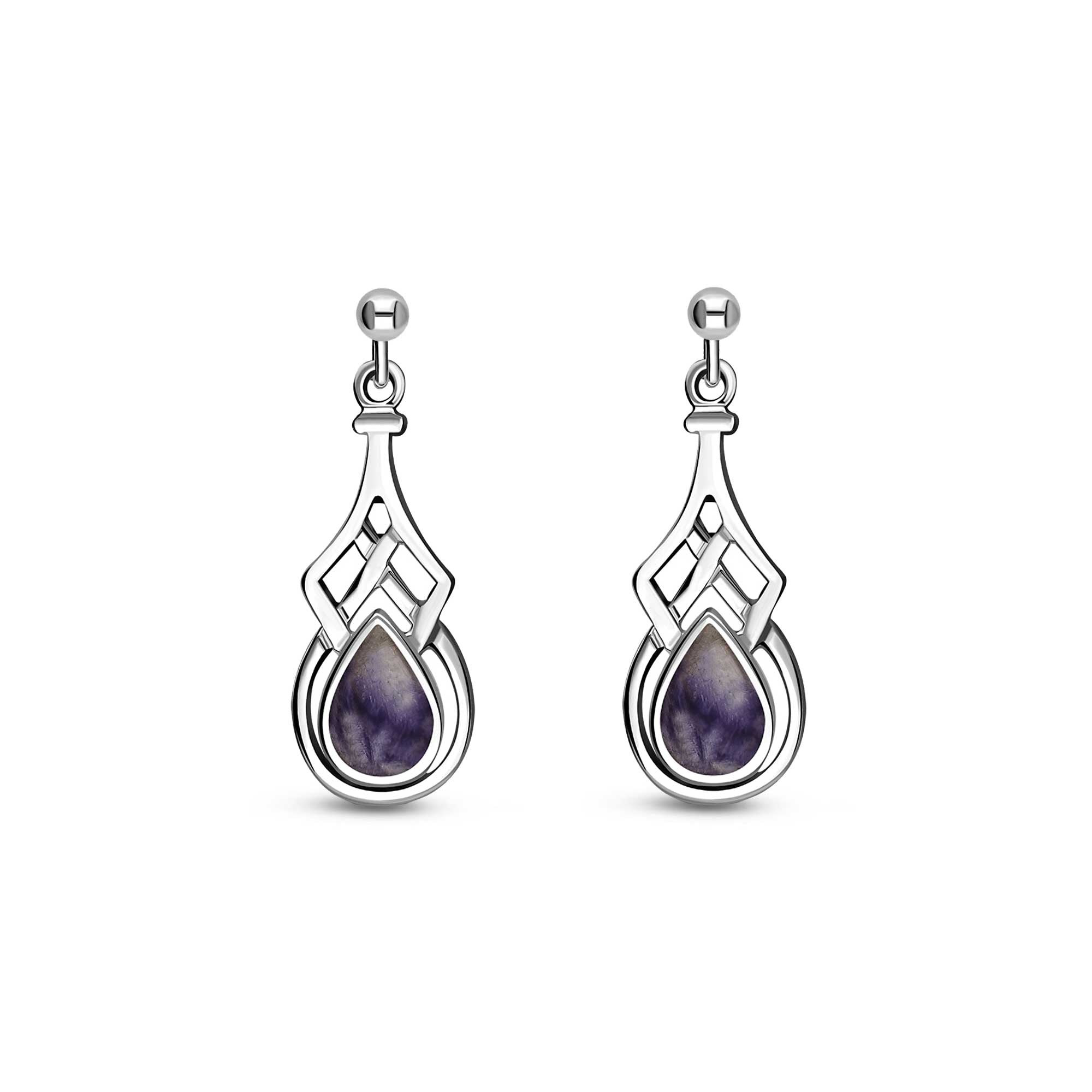 A pair of sterling silver drop earrings featuring a Celtic-style design with pear-shaped blue gemstones.