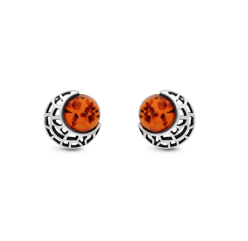 Sterling Silver Amber Oxidised Moon Stud Earrings