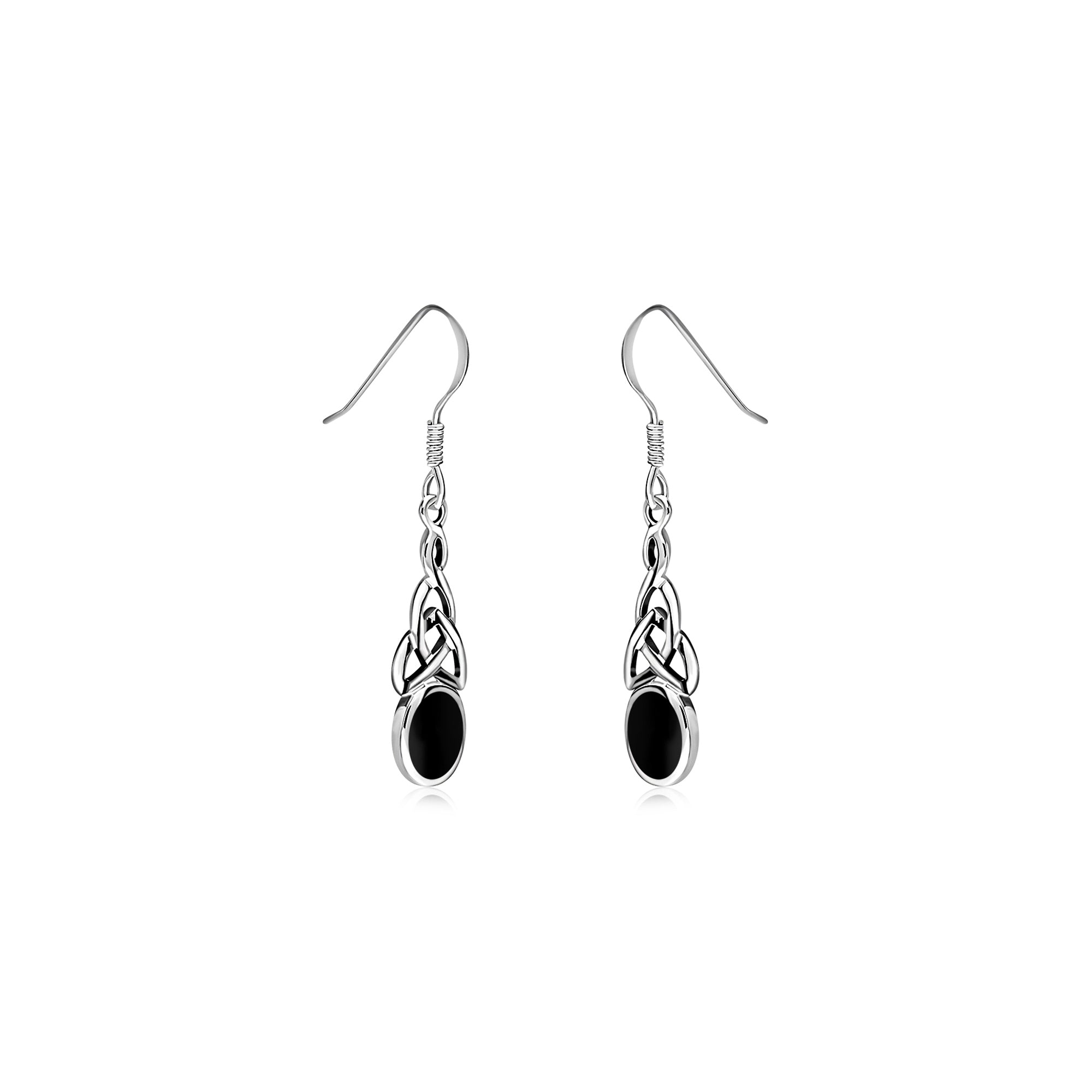 Sterling Silver Whitby Jet Celtic Oval Drop Earrings