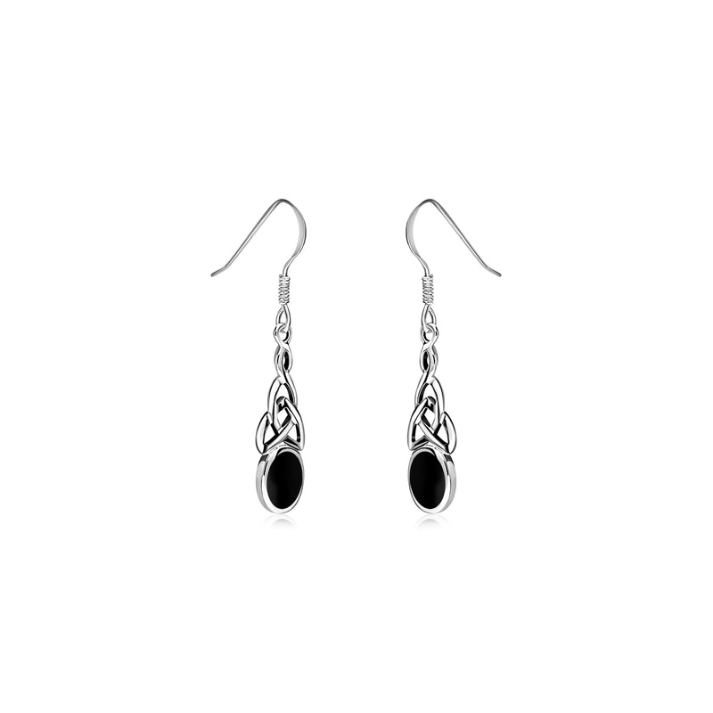 Sterling Silver Whitby Jet Celtic Oval Drop Earrings