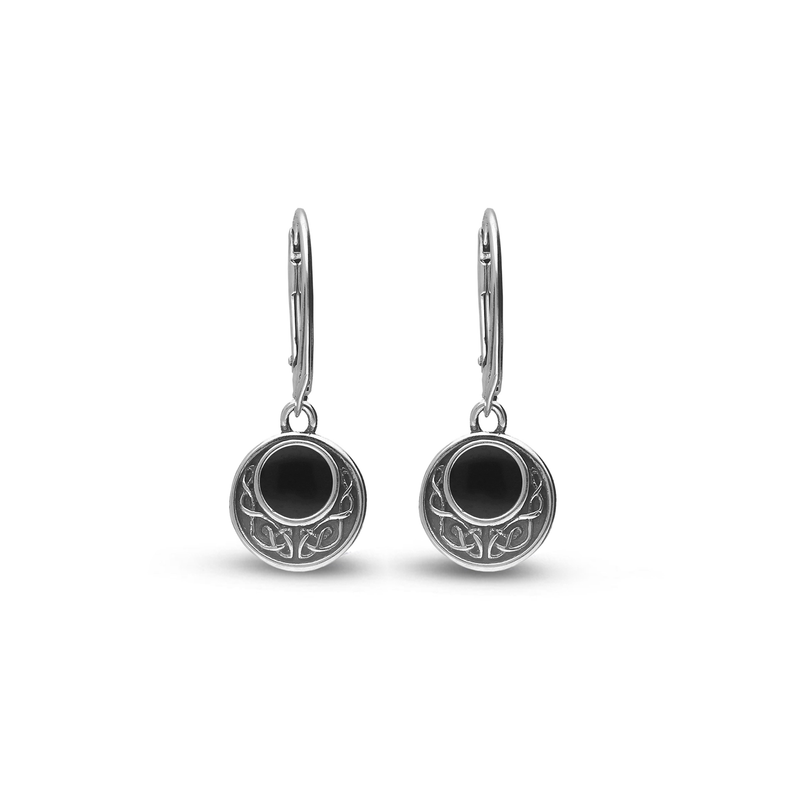 Sterling Silver Whitby Jet Oxidised Celtic Disc Drop Earrings