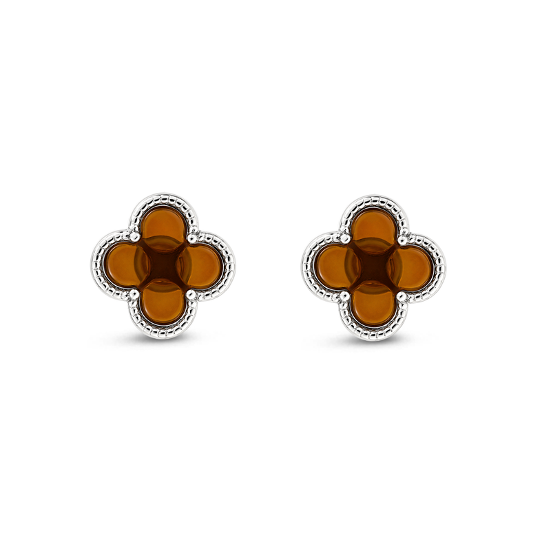 Sterling Silver Amber Beaded Edge Clover Stud Earrings