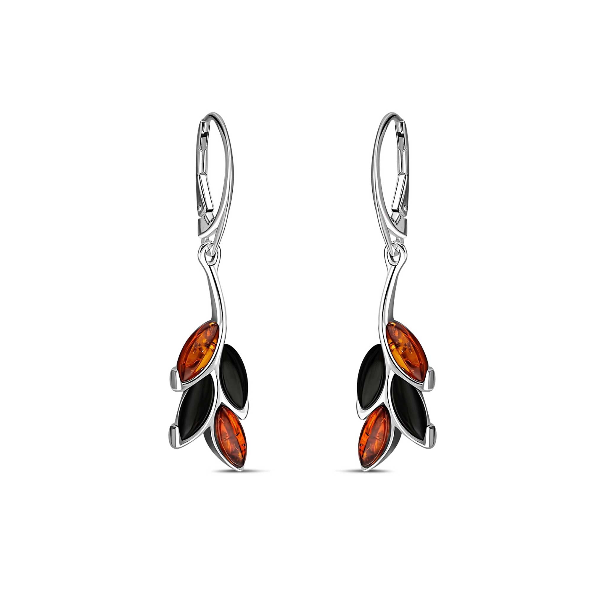 Sterling Silver Whitby Jet & Amber Four Leaf Drop Earrings